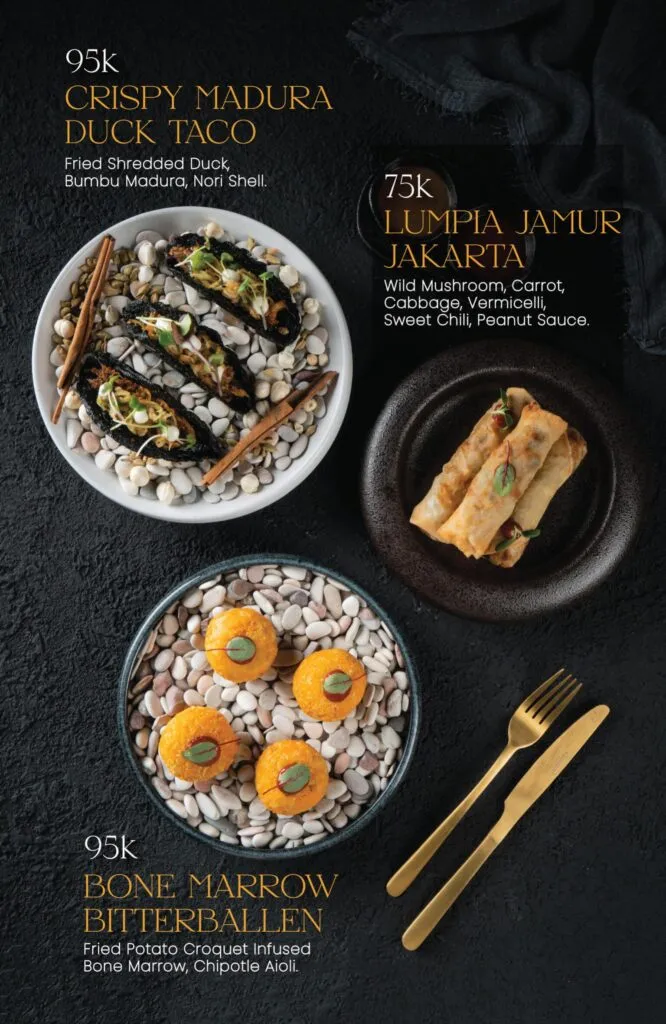 Crispy Madura Duck Taco 95k, Lumpia Jamur Jakarta 75k, Bone Marrow Bitterballen 95k.
