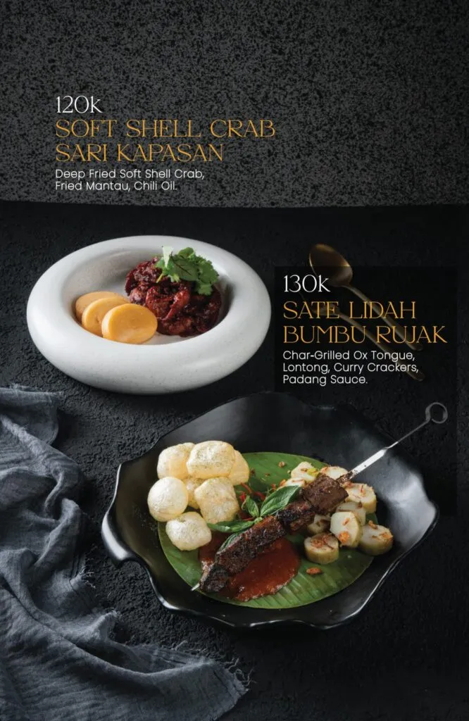 Soft Shell Crab Sari Kapasan 120k, Sate Lidah Bumbu Rujak 130k.